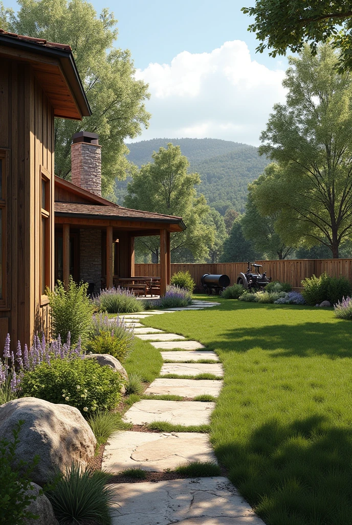Design the outdoor area of the front garden of the large house inspired by John Dutton's house