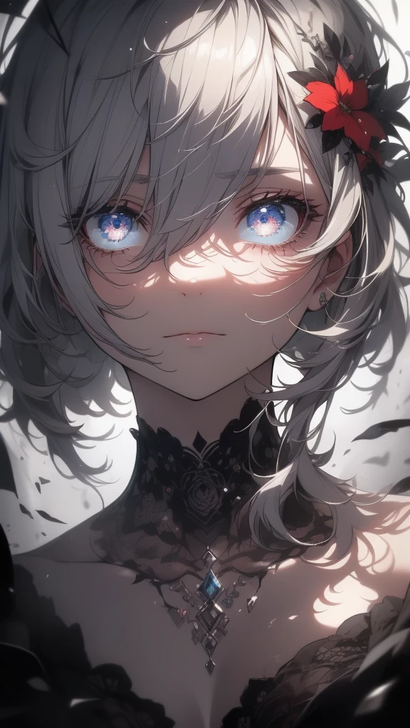 ((8k resolution))、((Highest quality))、((masterpiece))、((Very detailed))((((dramatic))), (((Rough feeling))), (((intense)))Focus on the face、tattoo、Clear Shadows、Vibrant, front,flower々background、Rich colors,Be confident,coil,scene,Boldness,to attract attention,Smart、tendency、I focus,Gray Hair,Short Bob