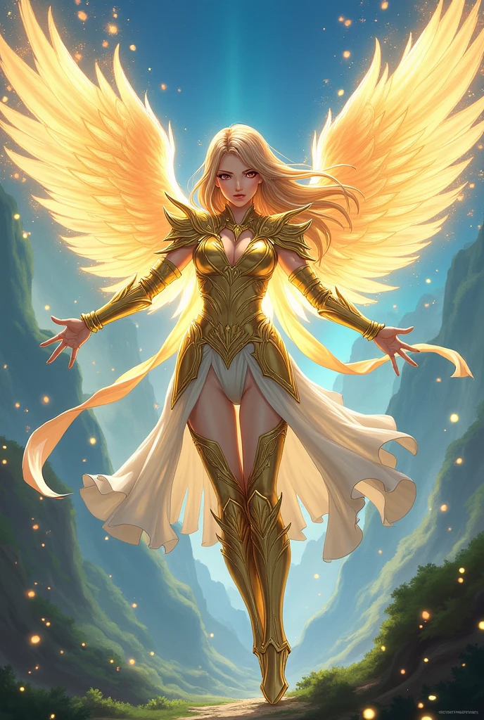 Aurelia, the Blade of the Legion, stunning anime character, ethereal angelic figure, dazzling golden armor adorned with intricate patterns, sprawling translucent wings glowing with radiant light, powerful stance exuding strength, surrounded by swirling magical energies, dynamic battlefield filled with vibrant hues of blue, green, and purple, ethereal sparkles casting dazzling reflections, ornate details in armor shimmer under the celestial glow, intense determination in expressive large eyes, flowing hair accentuated by wind, trailing ribbons of magic intertwining in the air, captivating anime art style emphasizing bold outlines and fluid motion, enchanting background depicting a lush, mystical landscape merging with a fantastical cityscape, captivating colors enhanced with vibrant contrasts, high-definition detailing showcasing the stunning craftsmanship of the character design, visually-striking composition that draws the viewer into Aurelia's heroic moment, accentuating the blend of intricate fantasy artwork with anime aesthetics, showcases the beauty of a powerful warrior angel in an ethereal world, encapsulating the magic found within the universe of Magic: The Gathering.