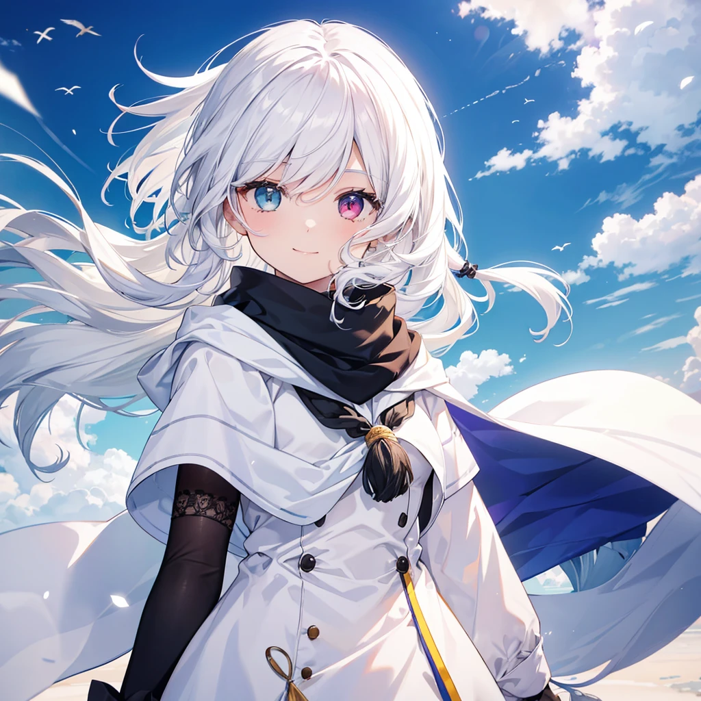 1 criança fly away, hair as white as snow, heterochromia in the eyes, fly away, cute smile, perfect and adorable , shawls in the wind, neve, wolves