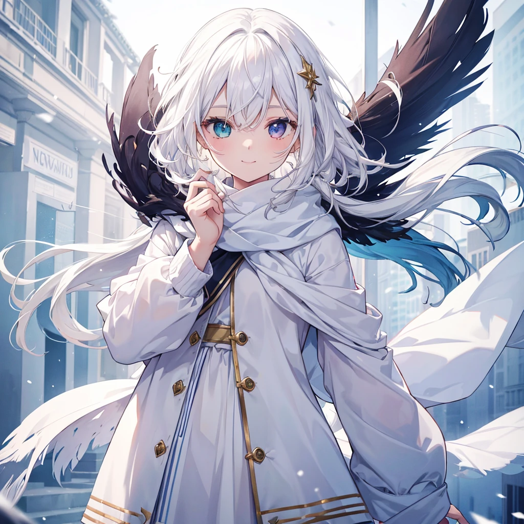 1 criança fly away, hair as white as snow, heterochromia in the eyes, fly away, cute smile, perfect and adorable , shawls in the wind, neve, wolves