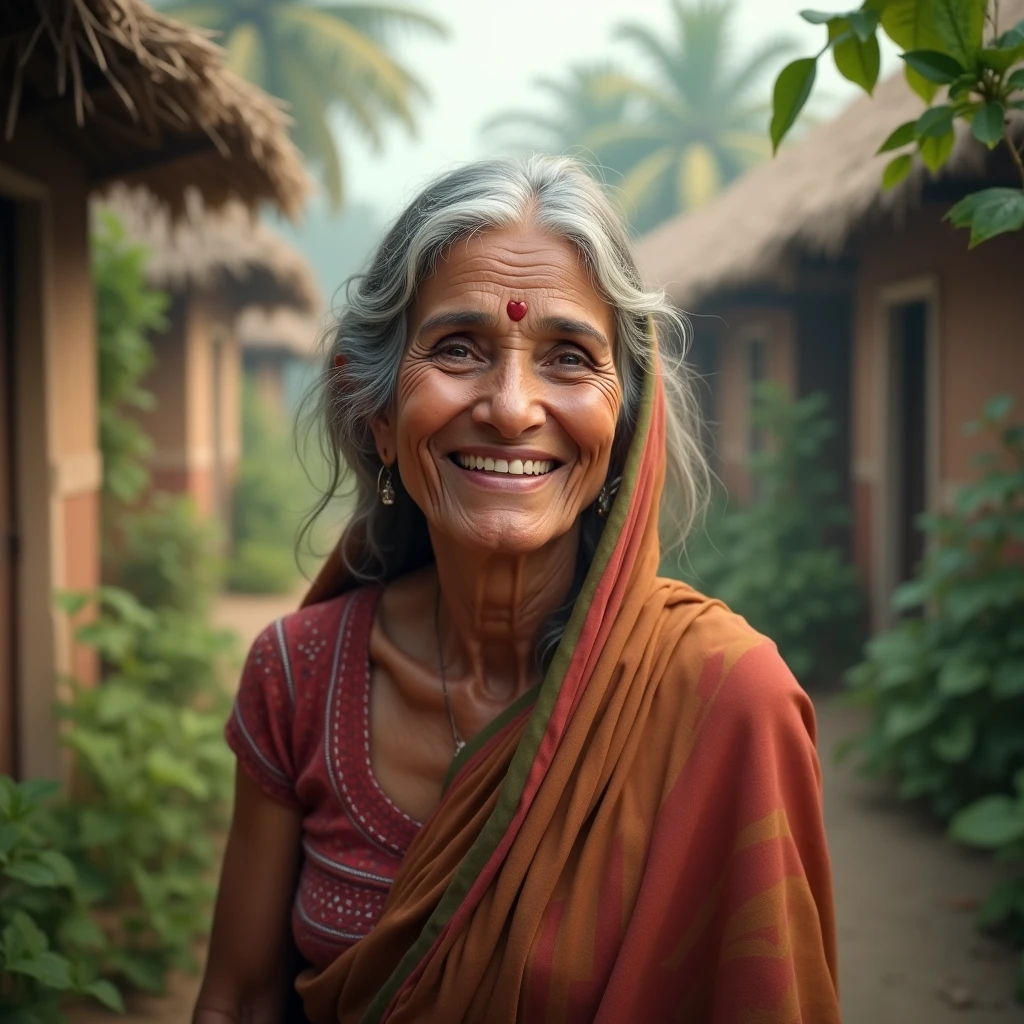 Old indian mom smile village life