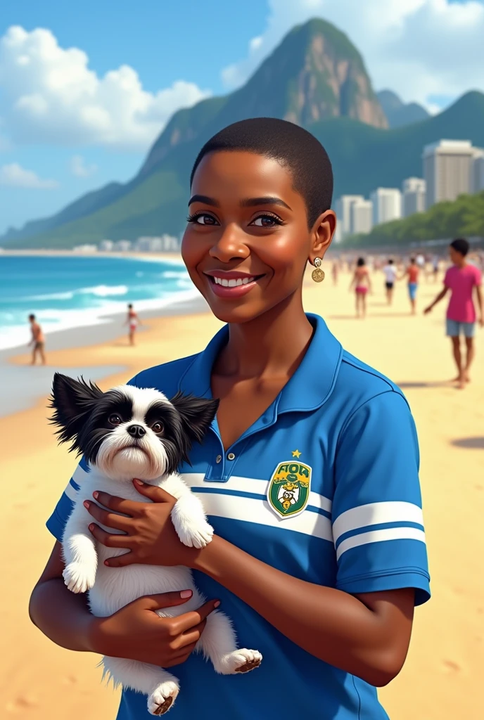 an elderly black woman in her 60s, with very short hair and black color, On Copacabana beach. she is smiling, wearing a Cruzeiro team shirt, blue and white. holds a small shitzu dog, black andwhite