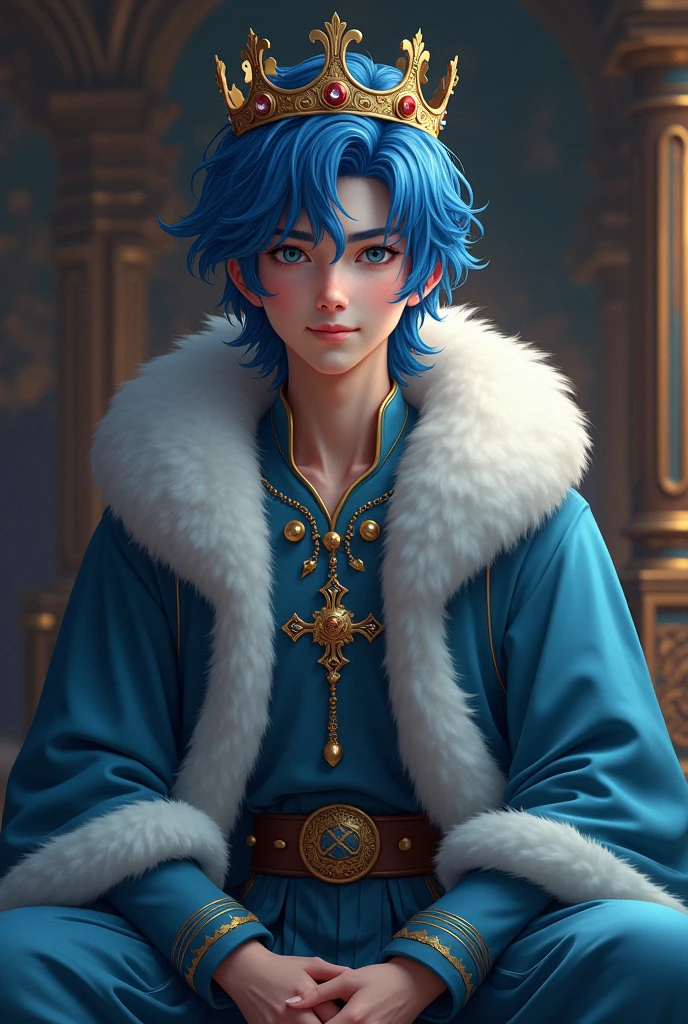 Majestic king man blue color sitting blue hair with crown tender smiling young 