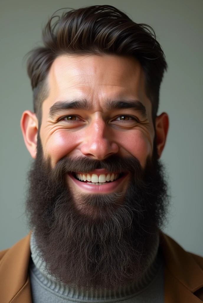 Tall man, barba, low hair, big smile, dark brown hair and beard and white skin