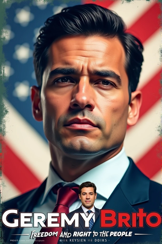 Take a photo of a face-to-face campaign that says "Vote for Geremy Brito" and below say "Freedom and Right to the People" with a photo of Mr beast