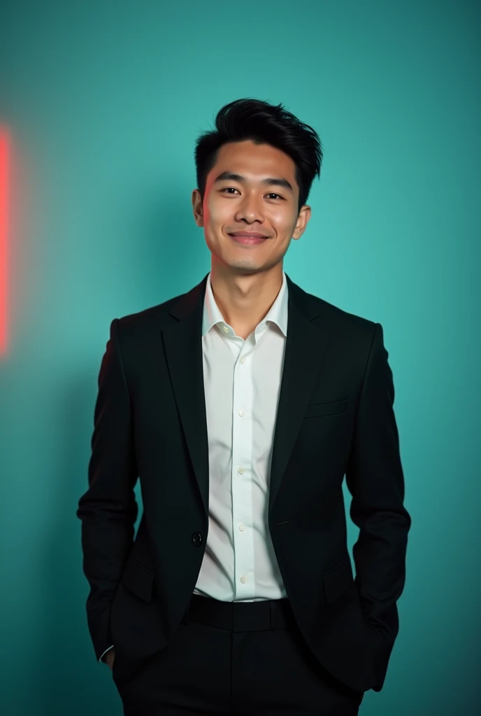 A young man with dark spiky hair with a oval face. He is dressed in a black blazer over a white shirt. The man is positioned against aqus colour backdrop with a subtle red lighting on the left side and he posing for linkden profile. 