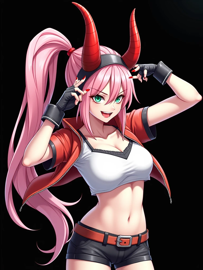 1 girl, fingerless gloves, gloves, green eyes, black cap, red horns, jacket, looks at the viewer, pink hair, one pony tail, red nails, solo, chest, white top, green eyes, jacket, looks at the viewer, mid-body, navel, pink hair, one pony tail, black shorts, solo, Hip Strap, red horns, looks at the viewer, middle chest, navel, one pony tail, short shorts, black shorts, smile, solo, chest, green eyes, smirk, big chest, looks at the viewer, pink hair, red jacket, smile, solo, no ears, The girl winked victory hand, upper body, Little hair, no ears , sexy