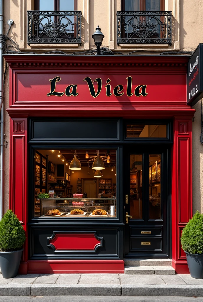 Facade of a black and red kebab shop named La Viela in a humble neighborhood