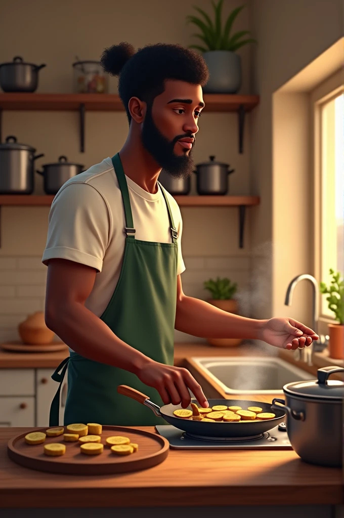 A black man frying plantains in the kitchen 