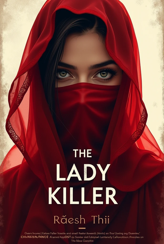 The cover page of a book has to be made on which there is a picture of a girl resembling a lady and the face of the girl is covered with a red handkerchief and the title of the book has to be written as The Lady Killer or keep this title of high level design.  And in place of author's name write Rajesh Maltii and keep the author's name simple.