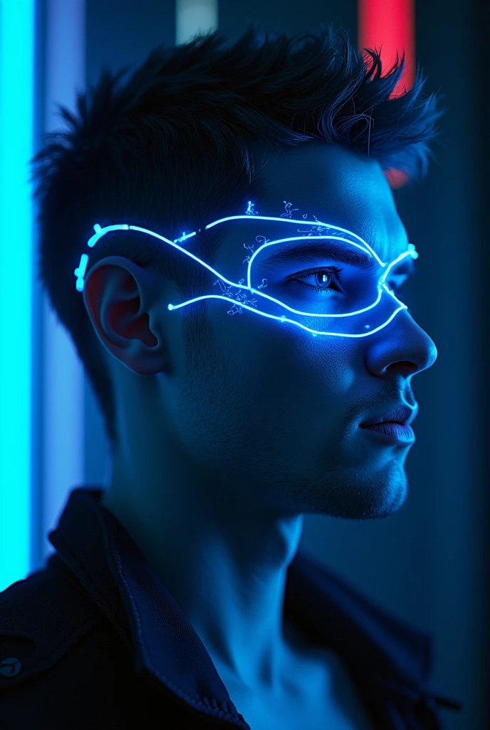 A cyberpunk man with glowing blue LED lights in his eyes, nose, and mouth, 1boy, highly detailed, intricate, dramatic lighting, neon, digital art, artstation, unreal engine, 4k, octane render, cinematic, hyper-detailed, photorealistic, sharp focus, studio lighting, physically-based rendering, extreme detail description, professional, vivid colors, bokeh, science fiction, cyberpunk, futuristic, neon, glowing, high-tech, dramatic lighting, moody, dark, intense, blue, electric, luminescent, mesmerizing, striking, captivating, innovative, cutting-edge