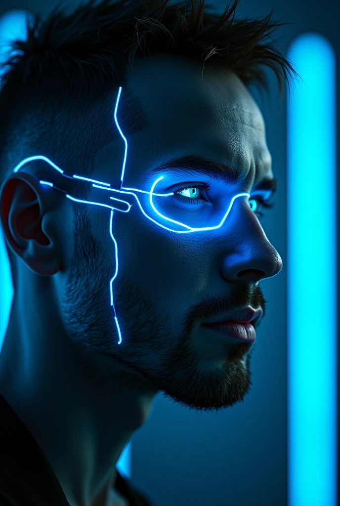 A cyberpunk man with glowing blue LED lights in his eyes, nose, and mouth, 1boy, highly detailed, intricate, dramatic lighting, neon, digital art, artstation, unreal engine, 4k, octane render, cinematic, hyper-detailed, photorealistic, sharp focus, studio lighting, physically-based rendering, extreme detail description, professional, vivid colors, bokeh, science fiction, cyberpunk, futuristic, neon, glowing, high-tech, dramatic lighting, moody, dark, intense, blue, electric, luminescent, mesmerizing, striking, captivating, innovative, cutting-edge
