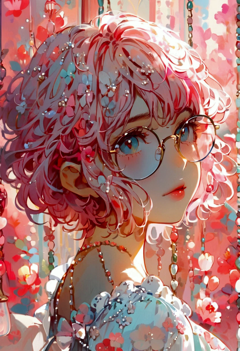 Cute Girls、Sweet Ota、Pastel color background、Cute pose、Pink Hair、Short Bob、Wavy Hair、Round Glasses