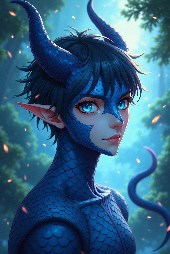 Anime art style, enigmatic male character, deep blue scales intricately flaked across his face, striking blue eyes with vertically slitted pupils exuding a sense of mystery, short raven-black hair framing his features, elegantly pointed elf ears accentuating his features, pair of majestic dragon horns curving gracefully from forehead, tapered and prehensile tail curling behind him, creating a sense of balance and dynamism, visually captivating environment of a vibrant fantasy world, lush landscapes and swirling magical energies, ethereal lighting casting soft glows on scales, highlighting intricate textures and patterns, composition focused on the character surrounded by swirling mists, deep forest greens contrasting with blue hues of his scales, vibrant colors enhancing the visual impact, the atmosphere charged with a sense of adventure and potential, anime-style with bold outlines and rich detail, expressive character design capturing both strength and elegance, dynamic gesture imbued with movement, adding life to the scene, layered colors and gradients creating depth and dimension in the artwork, aimed to evoke emotional connection and wonder in viewers