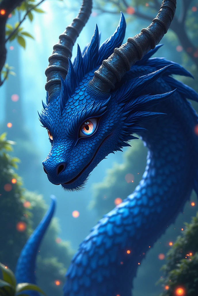 Anime art style, enigmatic male character, deep blue scales intricately flaked across his face, striking blue eyes with vertically slitted pupils exuding a sense of mystery, short raven-black hair framing his features, elegantly pointed elf ears accentuating his features, pair of majestic dragon horns curving gracefully from forehead, tapered and prehensile tail curling behind him, creating a sense of balance and dynamism, visually captivating environment of a vibrant fantasy world, lush landscapes and swirling magical energies, ethereal lighting casting soft glows on scales, highlighting intricate textures and patterns, composition focused on the character surrounded by swirling mists, deep forest greens contrasting with blue hues of his scales, vibrant colors enhancing the visual impact, the atmosphere charged with a sense of adventure and potential, anime-style with bold outlines and rich detail, expressive character design capturing both strength and elegance, dynamic gesture imbued with movement, adding life to the scene, layered colors and gradients creating depth and dimension in the artwork, aimed to evoke emotional connection and wonder in viewers
