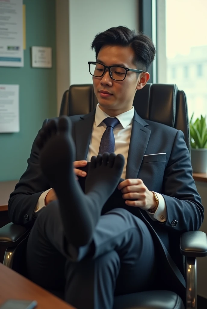 Malay 25 years steward from Malaysia Airline
Suit and tie
Feet on desk
Black sock
5 toes each feet
A man massage his feet