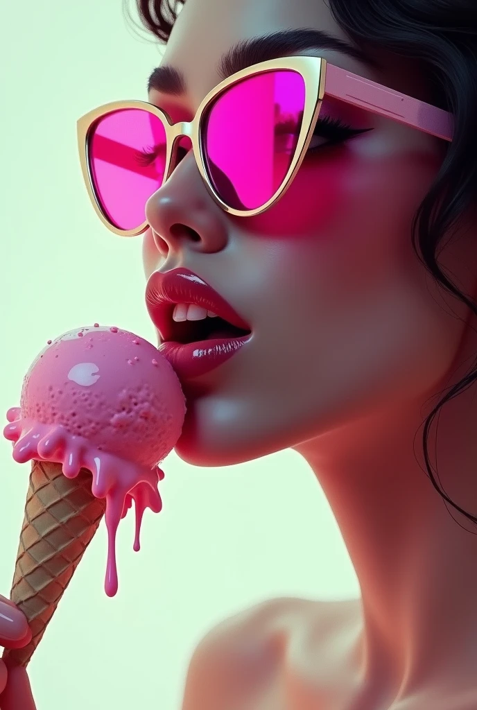 Sexy woman mouth licking ice cream ball. Ice cream runs down the corners of the mouth. focus on mouth. View from the side. Abstract style Add sunglasses with pink lenses.