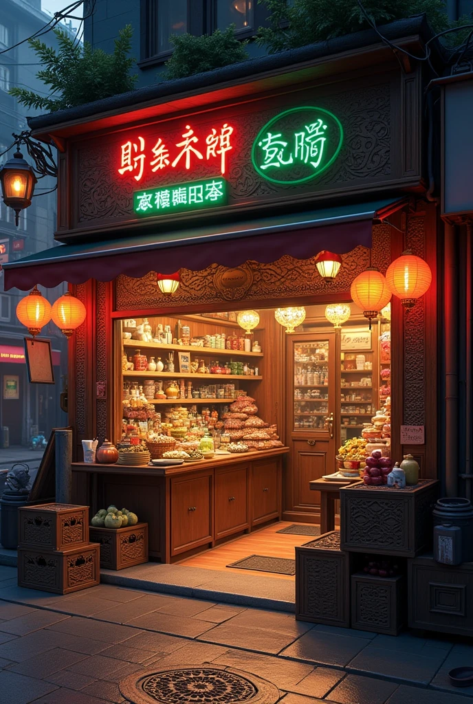 (photorealism: 1.2), realistic photo of shop in a crowded alley in the evening