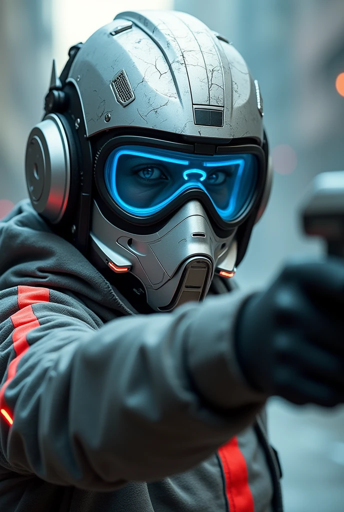 1 man shoot half body. Full body shoot. , silver motorcycle helmet, snorkeling mask, portrait halfbody shoot. Silver two pipe tube from mouth to head. Future design.. high tech. Wear google safety eyes glowing blue. The tube connect from head to mouth. Future headphone design blue led light detail. Starlord helmet design concepts. Very detail . High tech costume. Marvel. shape on the helmet. Small scratches on the helmet. The blue visor honeycomb style concept. shape spoiler antenna on the helmet, nose and mouth covered by mask metal. Wear cyberpunk hoodie spike shape red stripe. . In led speed of light.