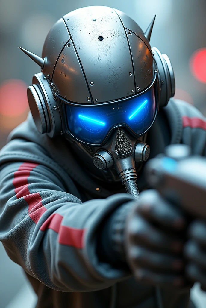 1 man shoot half body. Full body shoot. , silver motorcycle helmet, snorkeling mask, portrait halfbody shoot. Silver two pipe tube from mouth to head. Future design.. high tech. Wear google safety eyes glowing blue. The tube connect from head to mouth. Future headphone design blue led light detail. Starlord helmet design concepts. Very detail . High tech costume. Marvel. shape on the helmet. Small scratches on the helmet. The blue visor honeycomb style concept. shape spoiler antenna on the helmet, nose and mouth covered by mask metal. Wear cyberpunk hoodie spike shape red stripe. . In led speed of light.