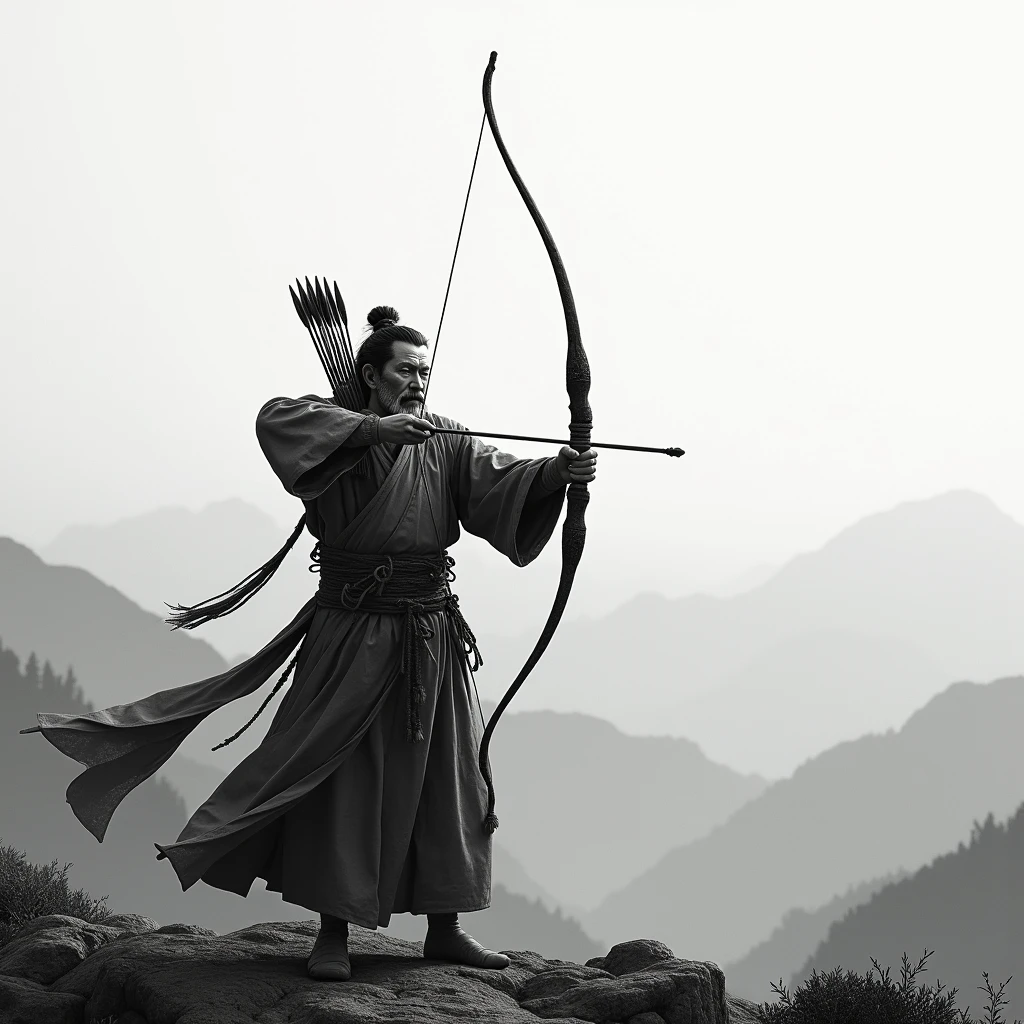 ((master piece)),(Best quality)),Distant view,archer,Middle-aged Taoist,bow and arrows,Glow effects,Hyper-realistic,Ultra-realistic simulation,Chinese black and white ink style,Black and white ,discoloration,stain,ink,8K,super-fine,High quality