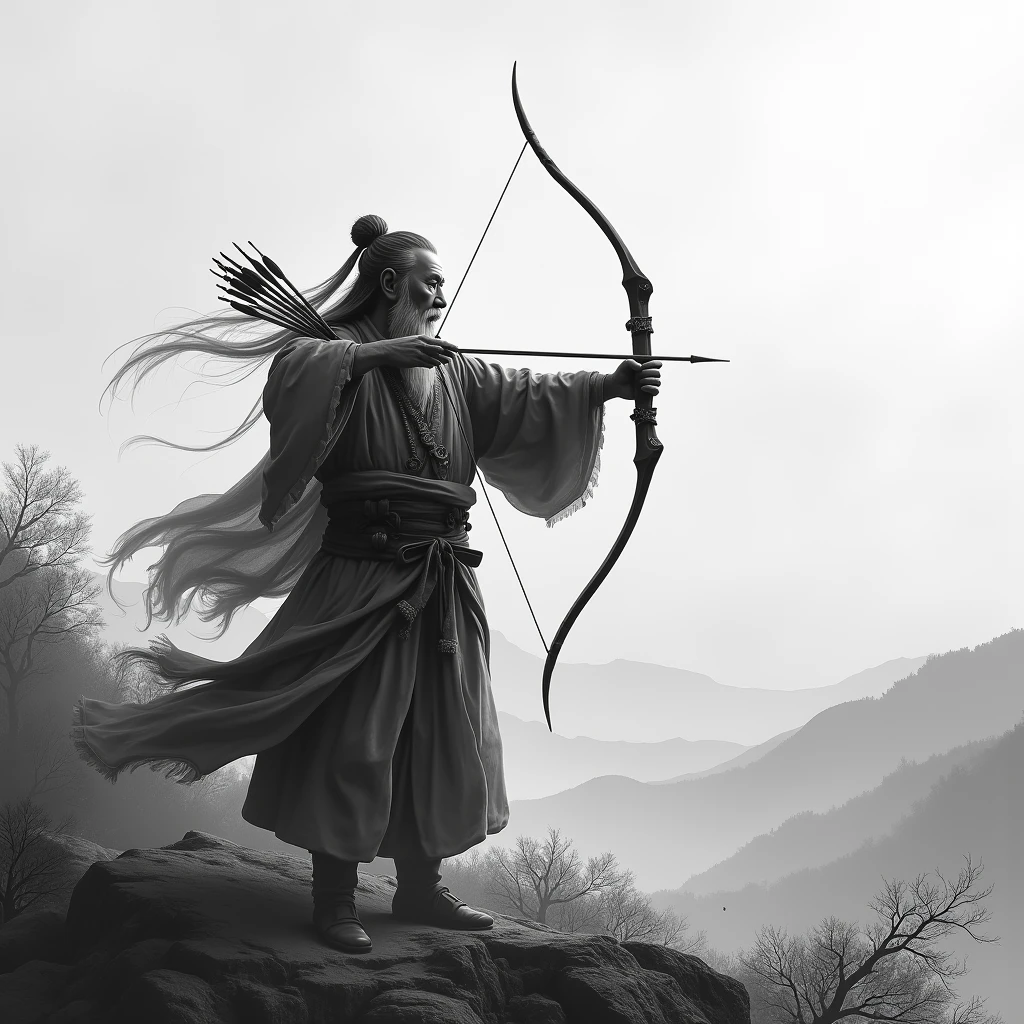 ((master piece)),(Best quality)),Distant view,archer,Middle-aged Taoist,bow and arrows,Glow effects,Hyper-realistic,Ultra-realistic simulation,Chinese black and white ink style,Black and white ,discoloration,stain,ink,8K,super-fine,High quality