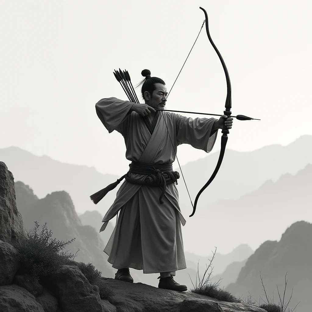 ((​master piece))，(Best quality))，Distant view，archer，Middle-aged Taoist，bow and arrows,Glow effects，Hyper-realistic，Ultra-realistic simulation，Chinese black and white ink style，Black and white ，discoloration，stain，ink，8K，super-fine，High quality