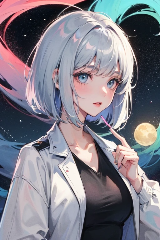 ((best quality)), ((masterpiece)), (detailed), 1girl, cute universe holding the moon in one hand pink light blue Colorful colors Casual clothing Silver Ash Bob