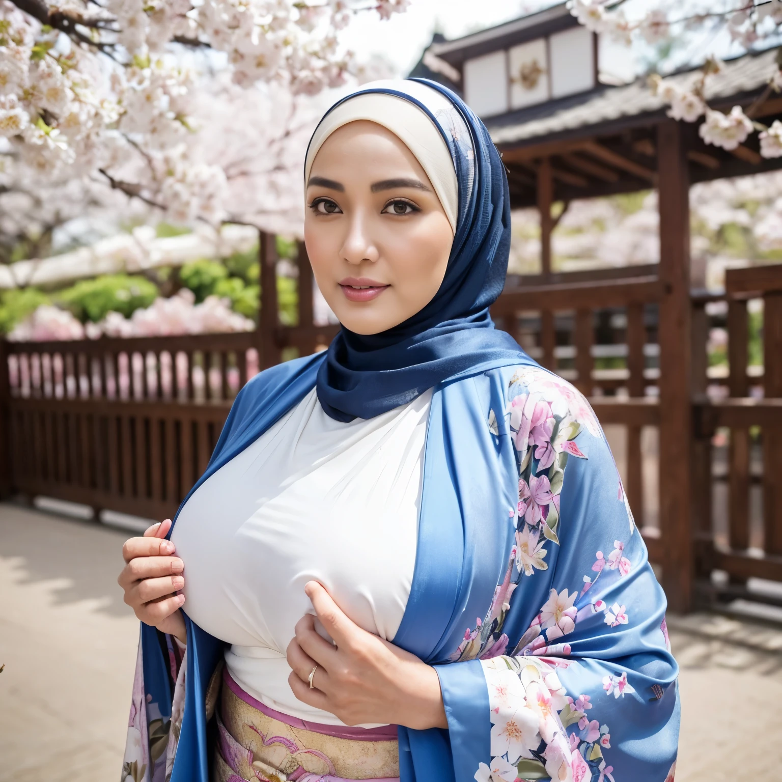 (((49-Years-Old, Hijab Indonesian Beautiful Mature woman))), wearing Kimono, Tight Kimono, curvy body, Full body, Huge Natural breast : 3, Hard Nipple erection Through, Summer festival, At Cherry Blossom garden.