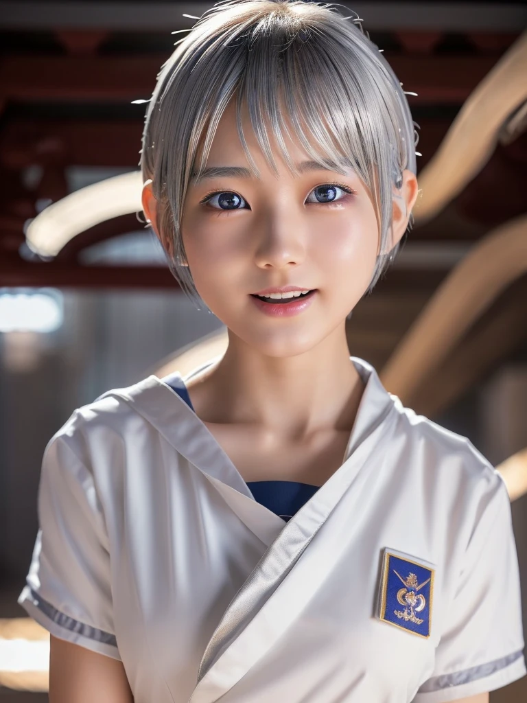 NSFW,Correct human anatomy、(a ultra cute beautiful Japanese girl wearing highschool white uniform:1.5),(charming smile:1.25),large clear light blue eyes,droppy eyes,balanced eyes,transparent white skin,(silver short hair:1.5),photorealistic, 8k, ultra-detailed, masterpiece, realistic, vivid colors, beautiful detailed eyes, beautiful detailed lips, extremely detailed face, intricate details, hyper realistic, cinematic lighting, dramatic shadows, stunning composition, intense atmosphere, highly detailed skin, exquisite facial features, volumetric lighting, raytraced global illumination, physically-based rendering, professional digital art,high resolution fix,(sexual climax:1.75)