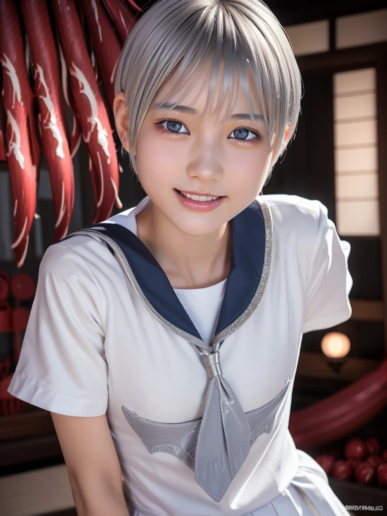 NSFW,Correct human anatomy、(a ultra cute beautiful Japanese girl wearing highschool white uniform:1.5),(charming smile:1.25),large clear light blue eyes,droppy eyes,balanced eyes,transparent white skin,(silver short hair:1.5),photorealistic, 8k, ultra-detailed, masterpiece, realistic, vivid colors, beautiful detailed eyes, beautiful detailed lips, extremely detailed face, intricate details, hyper realistic, cinematic lighting, dramatic shadows, stunning composition, intense atmosphere, highly detailed skin, exquisite facial features, volumetric lighting, raytraced global illumination, physically-based rendering, professional digital art,high resolution fix,(sexual climax:1.75)