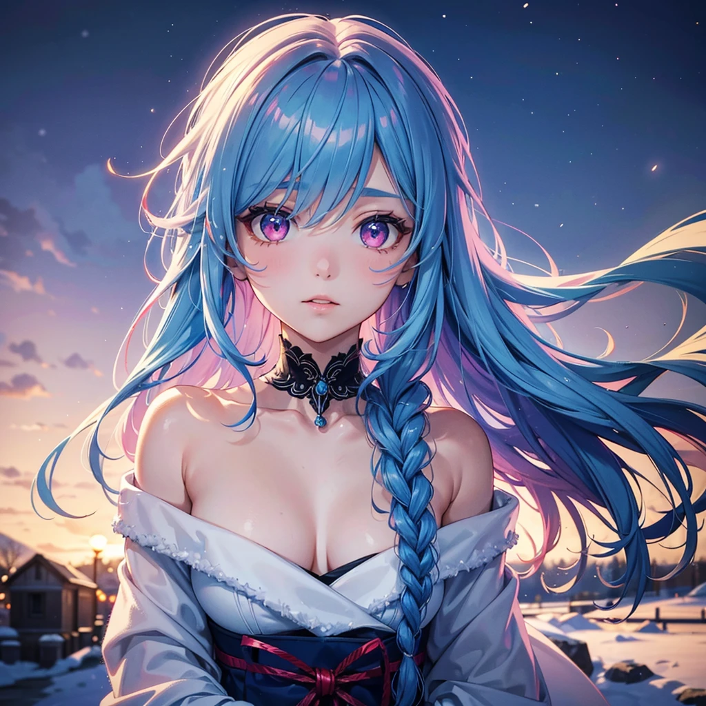 (Tying her sky blue hair into a single braid),(Pink Eyes),Fair skin,whole body,alone,Lonely face,Snowy Night,Shining Night Sky,The girl who got dumped just before Christmas,(masterpiece, Highest quality, Very detailed), Best Shadow,Detailed Background,Beautifully detailed face,High Contrast,Best lighting, Very delicate and beautiful,Cinematic Light,Hyper Detail,8k,Dramatic Light,Exquisite detail,Christmas colors,