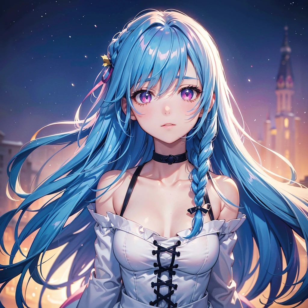 (Tying her sky blue hair into a single braid),(Pink Eyes),Fair skin,whole body,alone,Lonely face,Snowy Night,Shining Night Sky,The girl who got dumped just before Christmas,(masterpiece, Highest quality, Very detailed), Best Shadow,Detailed Background,Beautifully detailed face,High Contrast,Best lighting, Very delicate and beautiful,Cinematic Light,Hyper Detail,8k,Dramatic Light,Exquisite detail,Christmas colors,