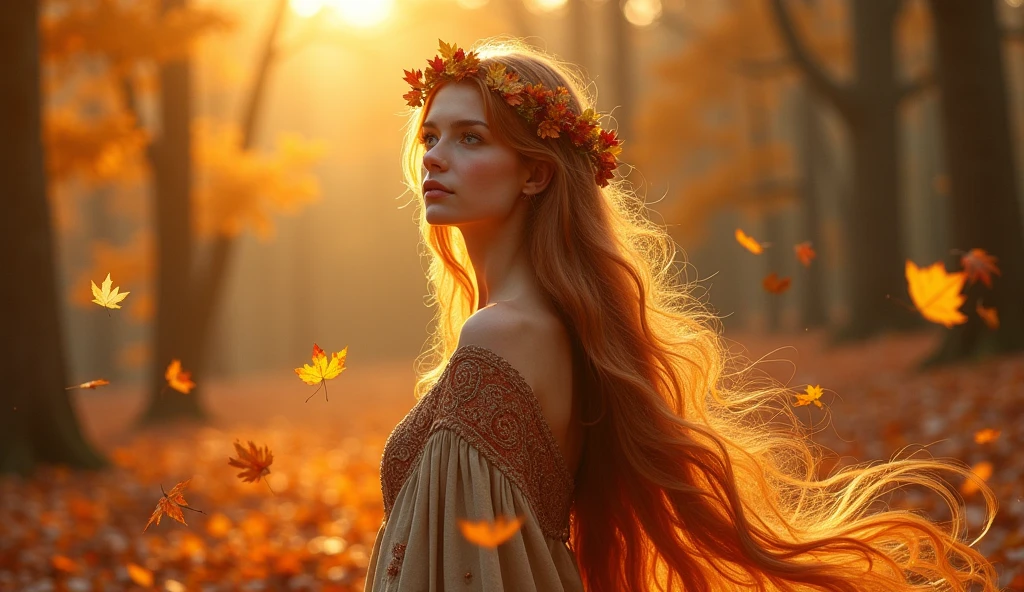 A radiant and enchanting (((Nordic goddess))) gracefully standing amidst a vibrant autumn landscape. Her flowing auburn locks cascade down her shoulders, adorned with a crown of golden leaves that mirror the colorful foliage surrounding her. The ground is covered with autumn-colored leaves. She is cloaked in a gown of earthy tones, embroidered with intricate patterns representing the changing seasons. The soft glow of the setting sun casts a warm, ethereal light upon her, infusing the scene with a magical ambiance. Autumn-colored dead leaves are carried by the breeze. (perfect ???????, perfect hands), (two girls are deeply in love with each other, hug from behind:1.3)