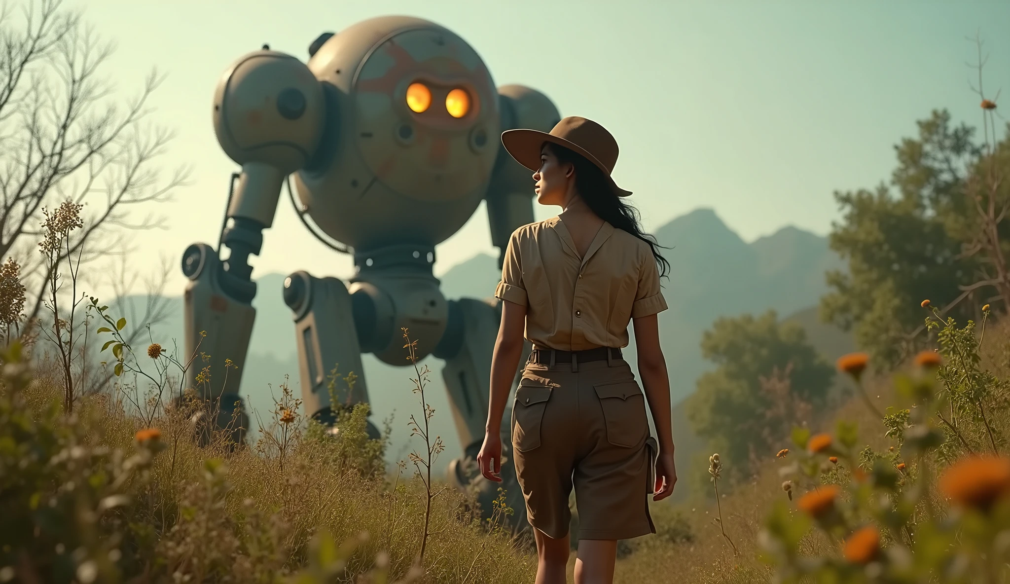 (masterpiece, UHD. Photorealistic. Analog photography.1950 style.) in a dystopian Neo retro futuristic world. An ultra hot gorgeous European woman. Age 23. Epic cleavage (100e size). Dressed like a 1930 adventuress explorer. She studies flora and fauna In the wilderness. 1930 clunky and rusty giant evil war robot with glowing eyes in the background.early morning light.