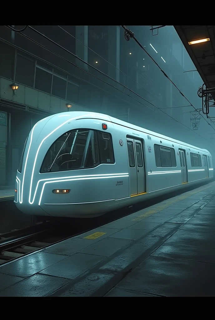 There is a white old metro with white neon lights
