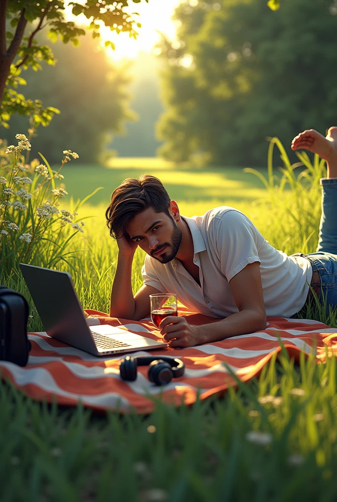 Create a cover for my Tech House set, try to draw a man lying on his stomach on a lawn with different clothes and drinks next to him 