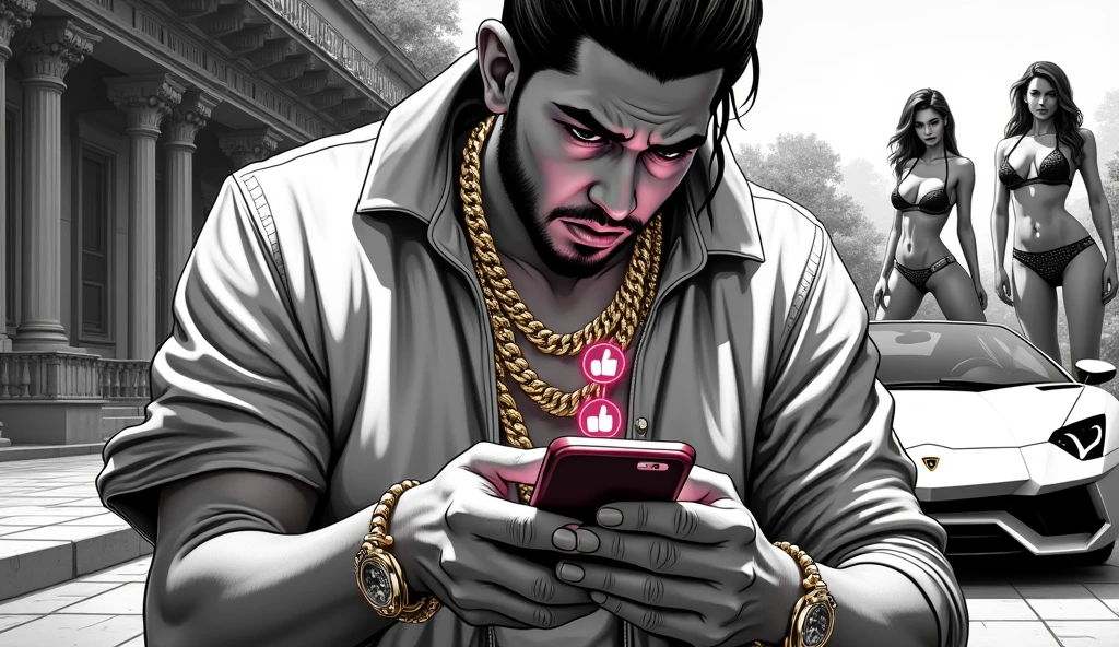 { "prompt": "A powerful thumbnail in the mangá style. The image should be black and white, with the elements clear and visible, with the highlighted elements in color. Show a luxurious person, with a gold necklace and watch, a hand holding a smartphone with several like icons bouncing on the screen, as if seeking likes and validation. The person's face or expression showing obsession or despair in the background, a luxury car and women.” "settings": { "style": "mangá", "lighting": "high contrast", "detail_level": "high", "color_scheme": "black and white with bright color focal point", "emphasis": "social media icons and the person's expression", "size": "1280x720" } }