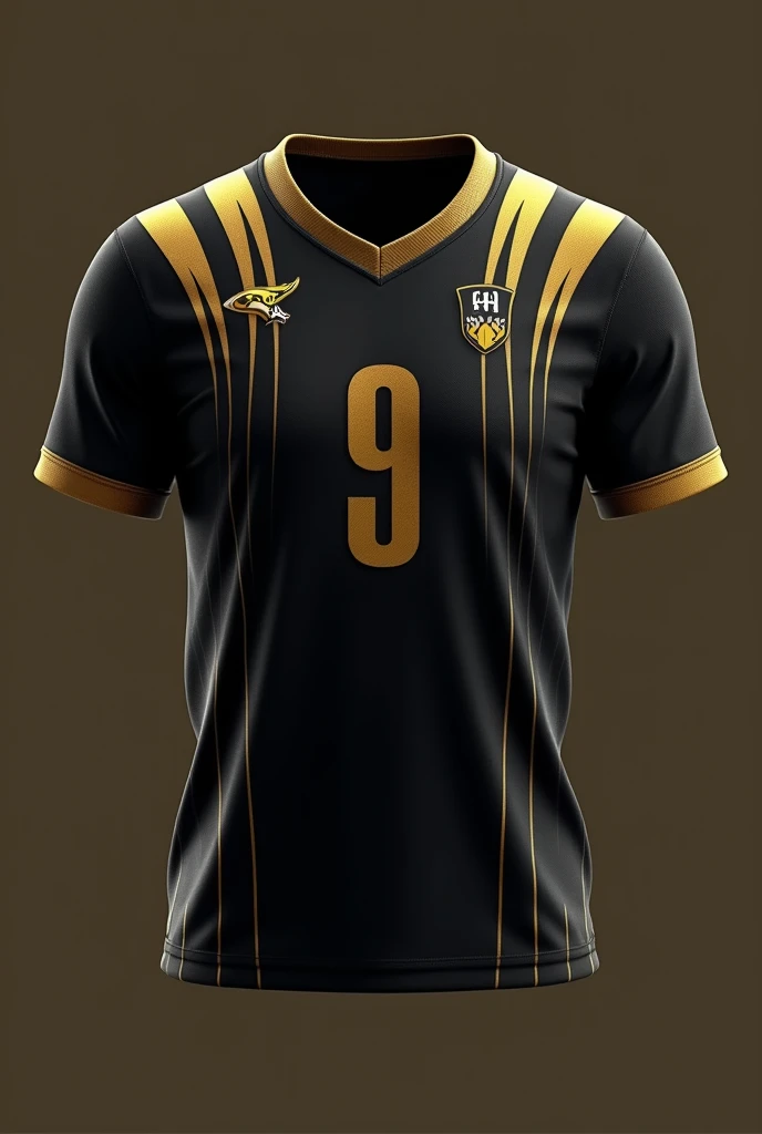 Create a sleek high school Olympics jersey in black, accented with a gold gradient effect. The player number is large and centered in a bold gold font, with subtle, vertical golden lines cascading from the shoulders to the hem, giving a sense of height and agility. A small golden logo is placed on the upper left side. The design should combine simplicity with a touch of elegance and modern flair.