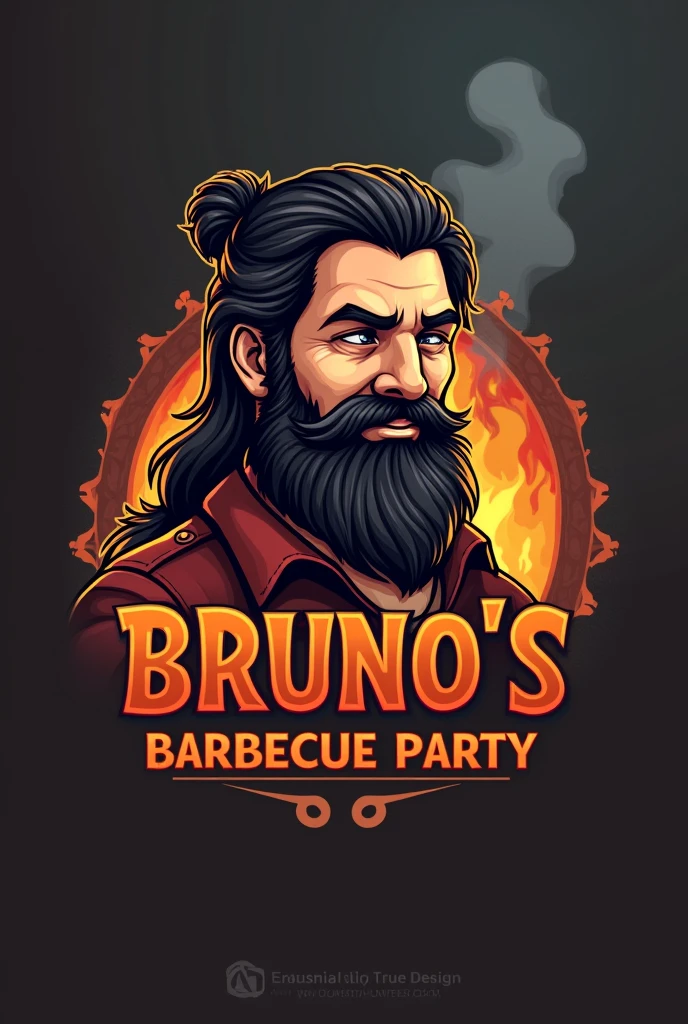 Create a logo for Bruno&#39;s barbecue party (dark-haired man with long hair and a black beard)