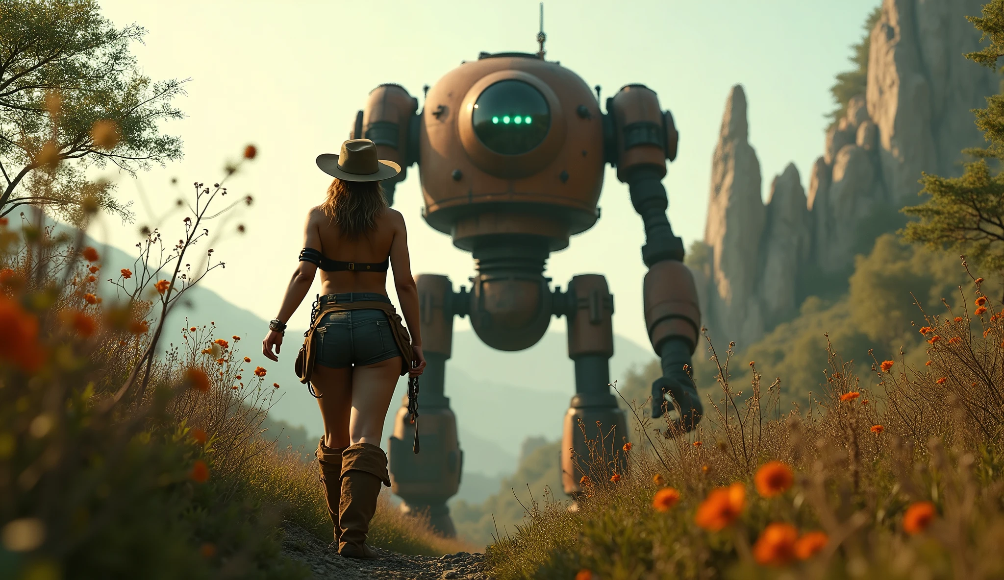 (masterpiece, UHD. Photorealistic. Analog photography.1950 style.) in a dystopian Neo retro futuristic world. An ultra hot gorgeous European woman. Age 23. Epic cleavage (100e size). Dressed like a 1930 adventuress explorer. She studies flora and fauna In the wilderness. 1930 clunky and rusty giant evil war robot with glowing eyes in the background.early morning light.