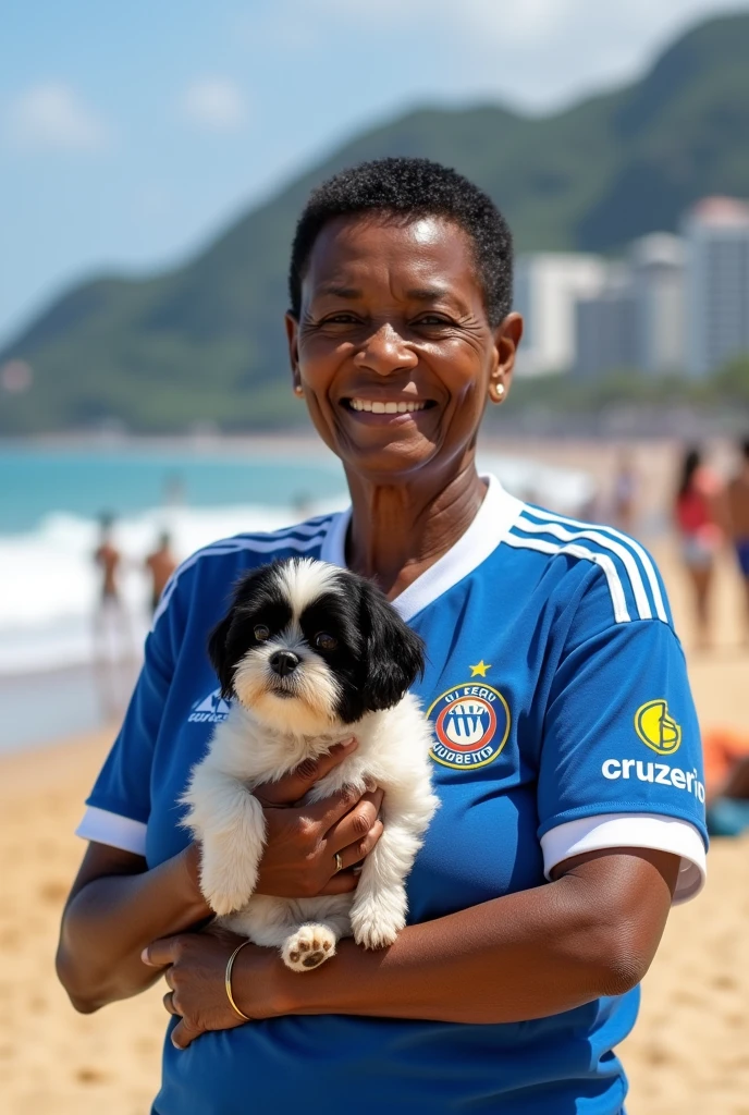 an elderly black lady in her 60s, with very short hair and black color, On Copacabana beach. she is smiling, wearing a Cruzeiro team shirt, blue and white. holds a small shitzu dog, black andwhite