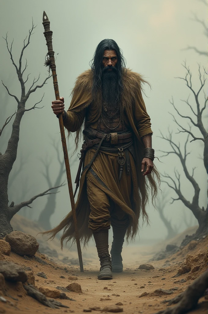 Ashwatthama Wandering the Earth: Show Ashwatthama, now immortal, wandering a desolate landscape, with a forlorn expression. His clothes are tattered, and he carries a staff. The setting should be bleak, perhaps a barren desert or a dense, dark forest, symbolizing his eternal wandering.