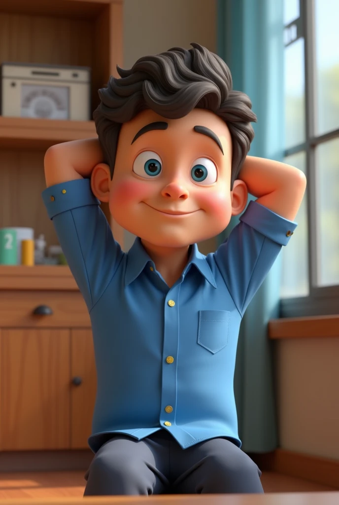 Cartoon character of a man in a plain blue dress shirt, blue colored eyes, weighing 90kg, curlier and shorter hair, an animated character, stylized character, animation style rendering, 3d stylized, Arnold Maya rendering, Stylized 3D rendering, toon render screenshot, 3d character, 3d character, Stylized 3D rendering, 3D character rendering, cartoon character, Personagem de close up, character posing, (Pixar-style) (master part:1.2) (bokeh) (best qualityer) (skin detailed) (detailed texture) (8k) (Argilla) (cinematic lighting) (sharp focus,Sit down and lift your upper body