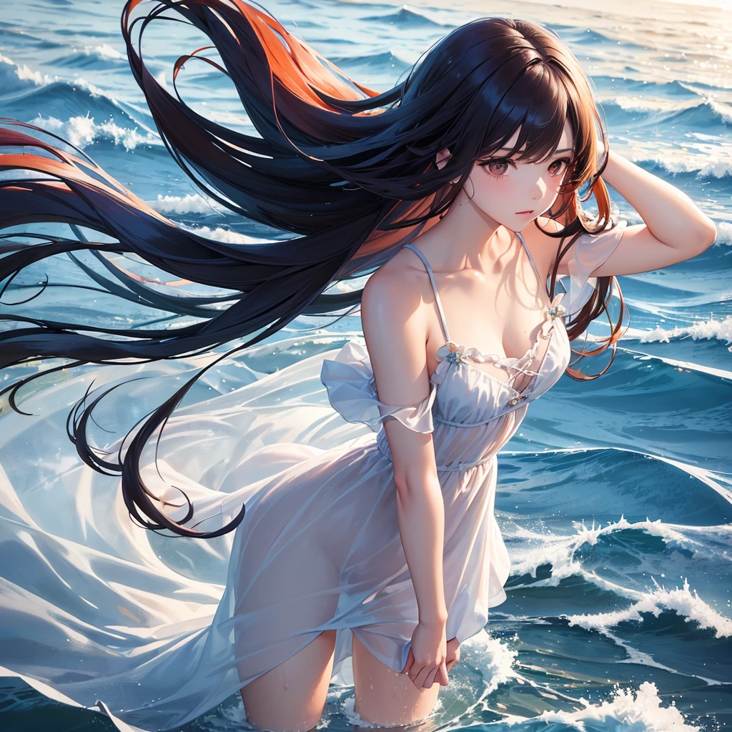 (masterpiece, Best quality), ((1 girl, One, long hair)), Ishmael_limbo, expression of innocence, Bare hands, bare shoulders, Bare neck, watercolor, sundress, liquid clothing, water, waves, water dress, BLUE_Topic, night, fog, Dark, Sharp Focus, sea, A transparent dress, orange hair