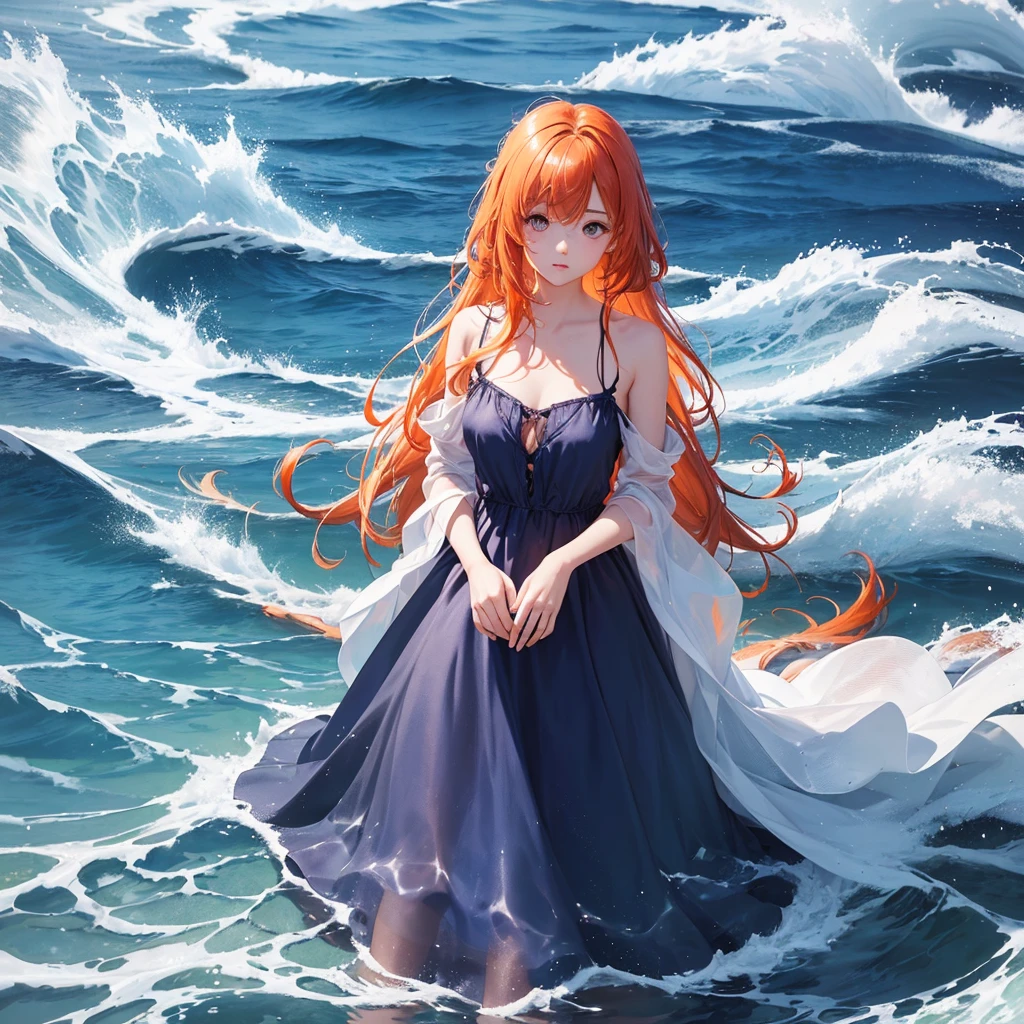 (masterpiece, Best quality), ((1 girl, One, long hair)), Ishmael_limbo, expression of innocence, Bare hands, bare shoulders, Bare neck, watercolor, sundress, liquid clothing, water, waves, water dress, BLUE_Topic, night, fog, Dark, Sharp Focus, sea, A transparent dress, orange hair