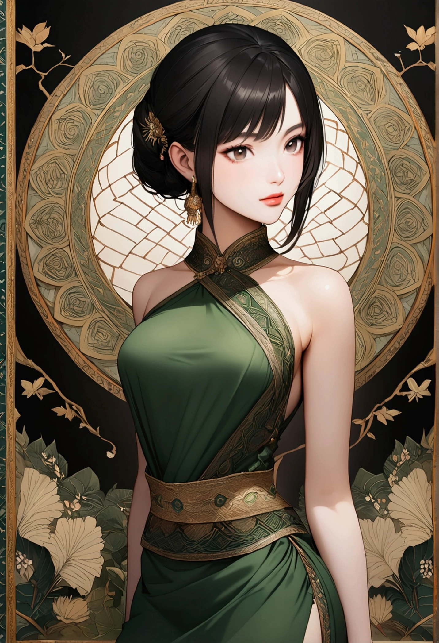 Virtual image of a beautiful young woman with long black hair wearing a green ancient Thai dress.