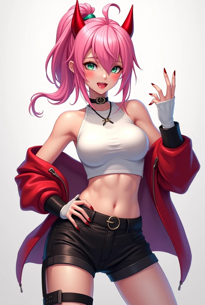 1 girl, fingerless gloves, gloves, green eyes, black cap, red horns, jacket, looks at the viewer, pink hair, one pony tail, red nails, solo, chest, white top, green eyes, jacket, looks at the viewer, mid-body, navel, pink hair, one pony tail, black shorts, solo, Hip Strap, red horns, looks at the viewer, middle chest, navel, one pony tail, short shorts, black shorts, smile, solo, chest, green eyes, smirk, big chest, looks at the viewer, pink hair, red jacket, smile, solo, no ears, The girl winked victory hand, upper body, Little hair, no ears , sexy