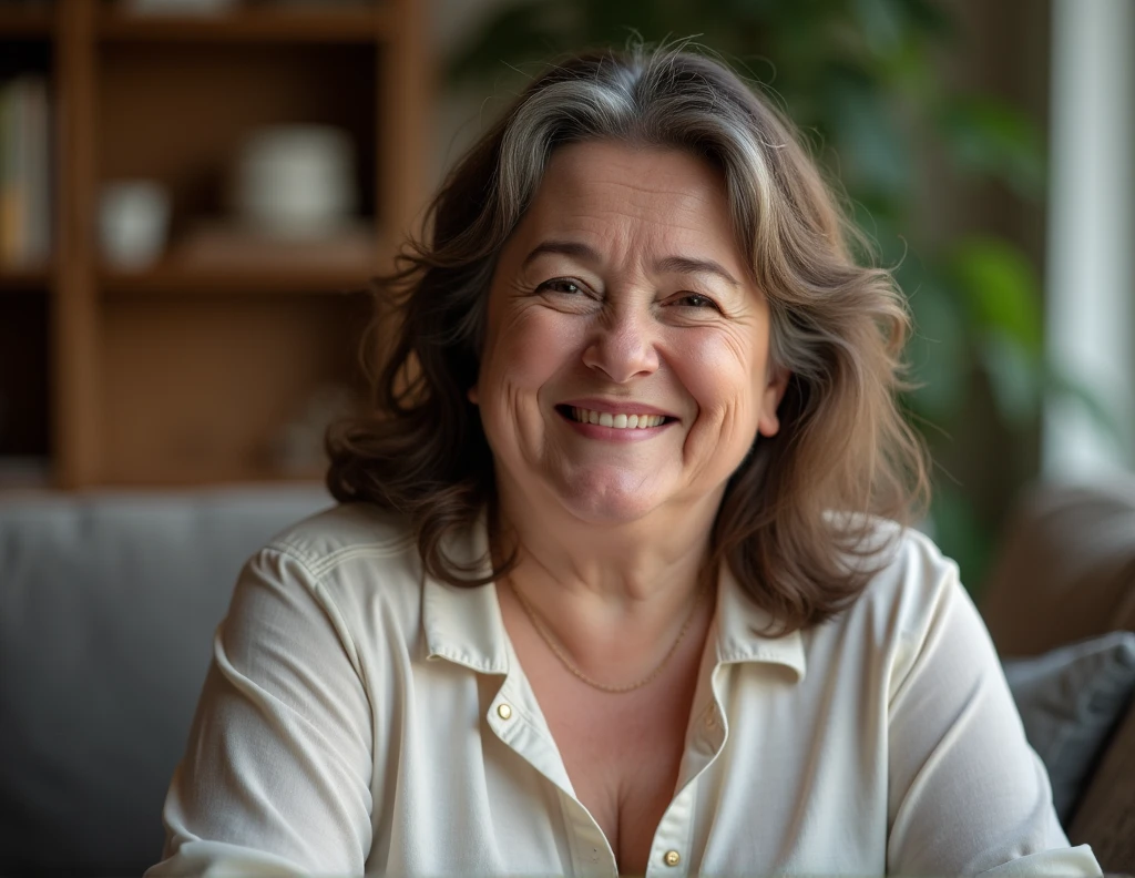 Create a highly realistic image of an adult woman around 50 years old. She should have slightly visible signs of aging, such as soft wrinkles around the eyes and mouth, and some graying hair strands. The woman should appear to be about 5 kg overweight, with a fuller face and a naturally curvy body shape. She has medium-length, wavy brown hair, with a few gray hairs scattered throughout. Her complexion is fair with a light, natural makeup look. She should be dressed in casual, everyday clothing, such as a simple blouse and jeans. The setting should be a cozy indoor environment with soft, natural lighting to emphasize the realism of the scene. The expression on her face should be warm and inviting, as if she is engaging in a pleasant conversation.